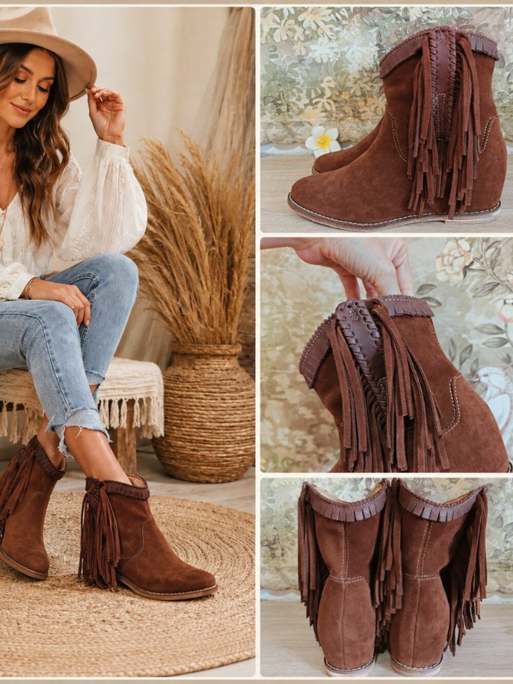 Lucchese Martina Brown Suede Fringe Ankle Hidden Wedge Boots Sz. 7